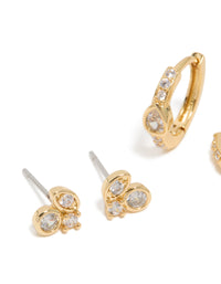 Gold Plated Cubic Zirconia Trio Stud & Huggie Earrings 2-Pack - link has visual effect only
