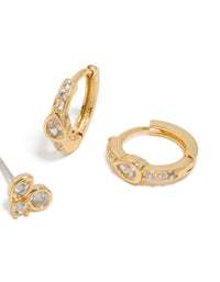 Gold Plated Cubic Zirconia Trio Stud & Huggie Earrings 2-Pack - link has visual effect only