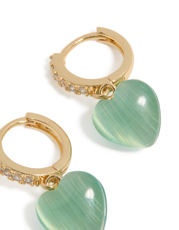 Gold Plated Cubic Zirconia Pave &  Green Heart Huggie Earrings