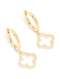 Elegant gold plated cubic zirconia huggie flower drop earrings front view - link has visual effect only