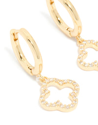 Elegant gold plated cubic zirconia huggie flower drop earrings close up view - link has visual effect only