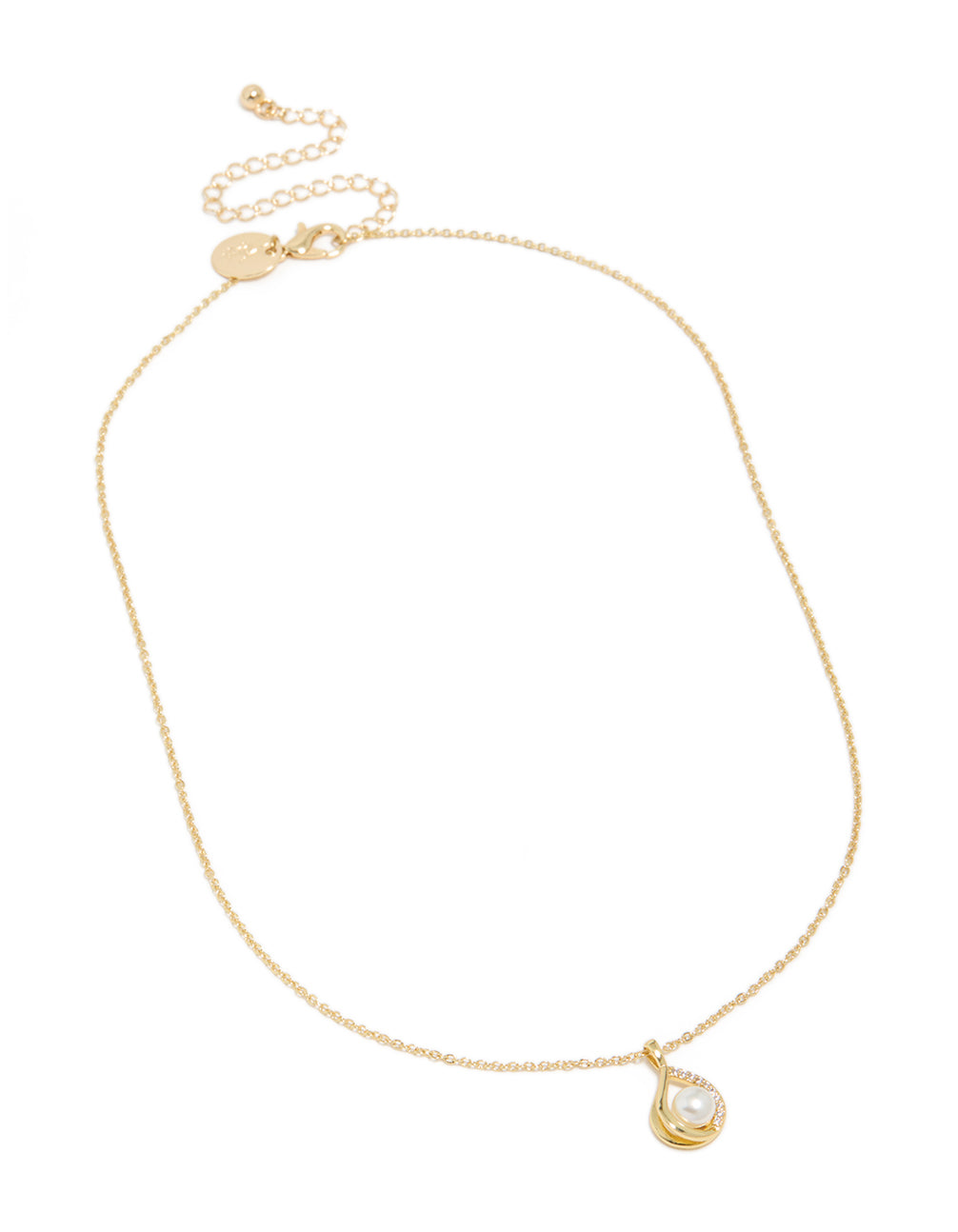 Showcasing a gold plated teardrop pendant necklace featuring cubic zirconia and pearl accents front view