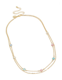 Gold Plated Pink & Blue Stones Layered Necklace - link has visual effect only