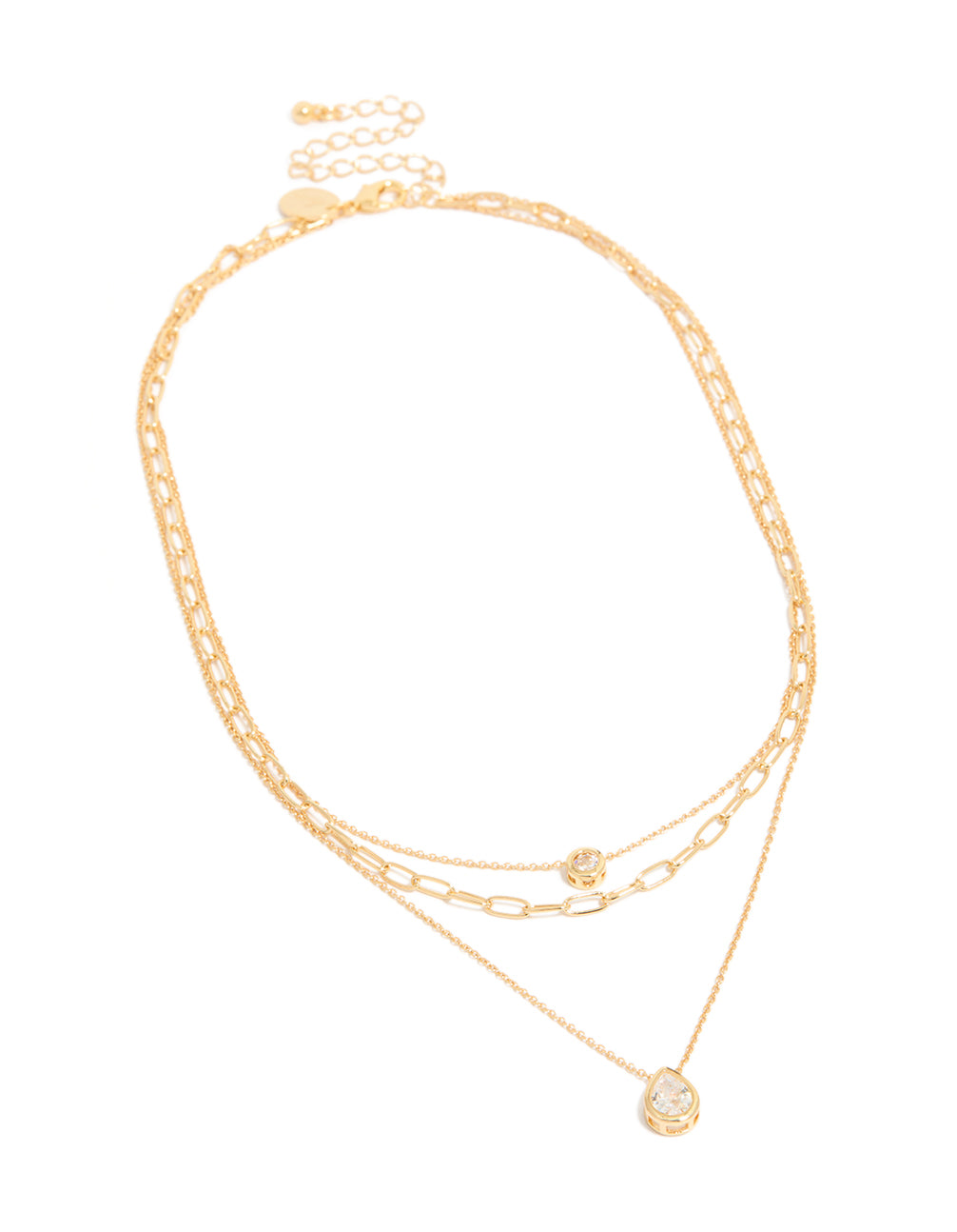 Featuring a gold plated cubic zirconia bezel triple layered chain necklace dainty styling in front view