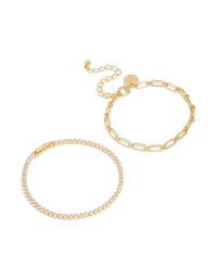 Gold Plated Cubic Zirconia Tennis & Chain  Bracelets 2-Pack - link has visual effect only