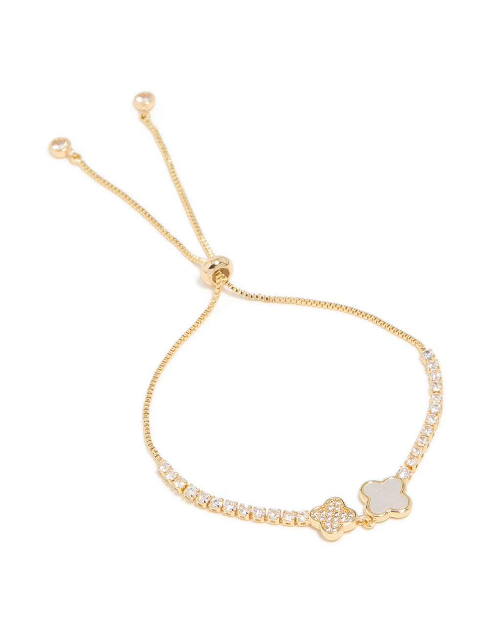 Beautifully crafted gold plated cubic zirconia double flower toggle bracelet in gold front view