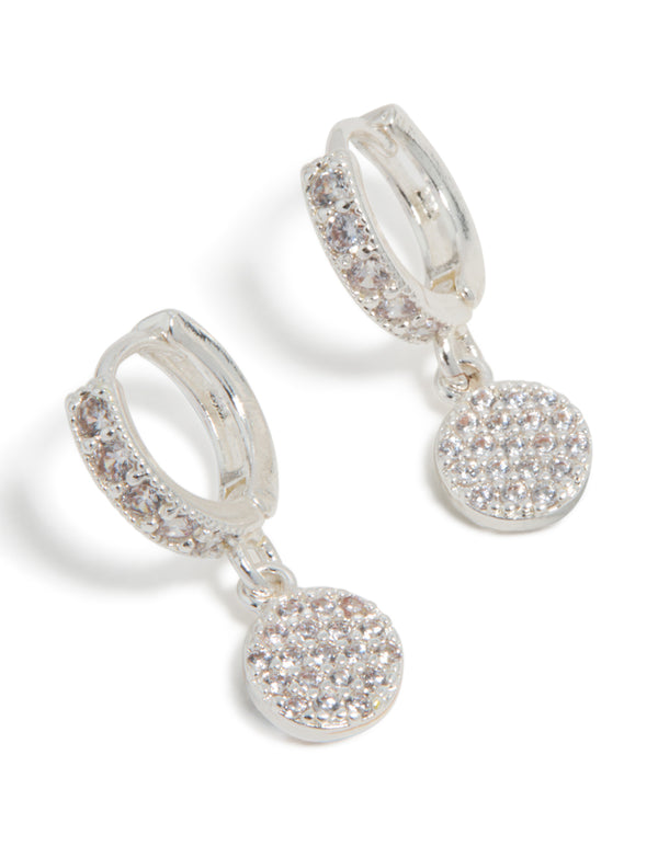 Introducing silver plated cubic zirconia pavé circle drop earrings front view