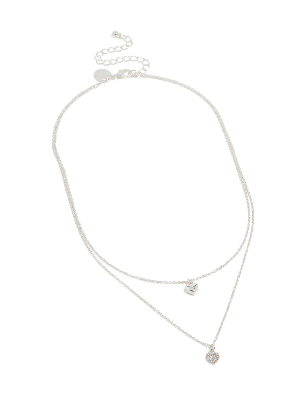 Elegant silver plated cubic zirconia double layered heart pendant necklace close up view