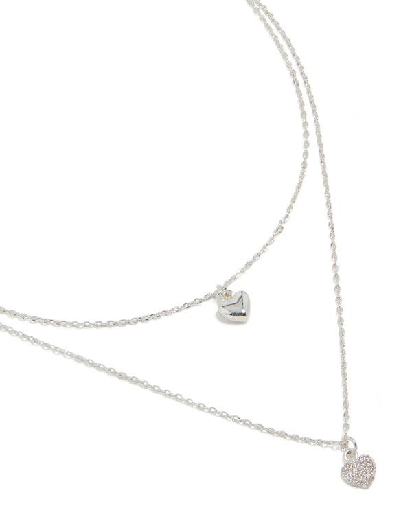 Silver Plated Cubic Zirconia Double Layered Heart Pendant Necklace