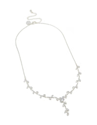 Elegant silver plated cubic zirconia dainty vine spaced necklace front view - link has visual effect only