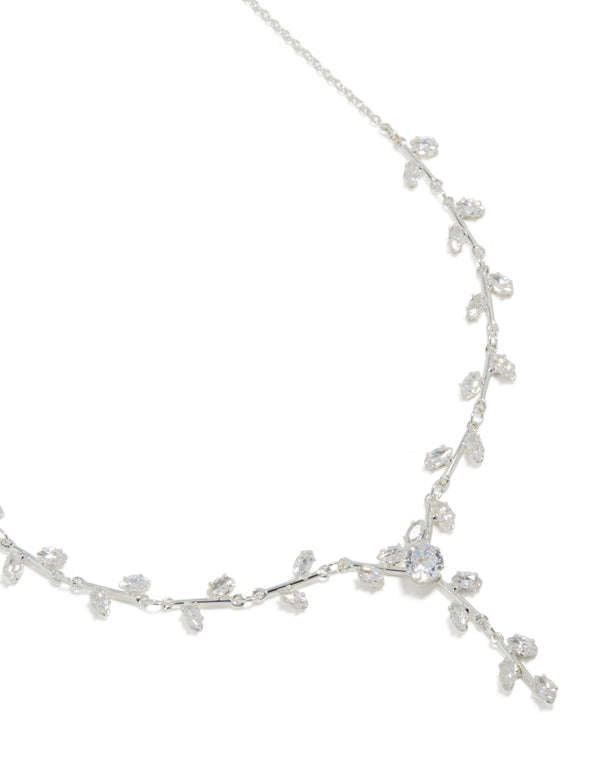 Beautifully crafted silver plated cubic zirconia dainty vine spaced necklace close up view