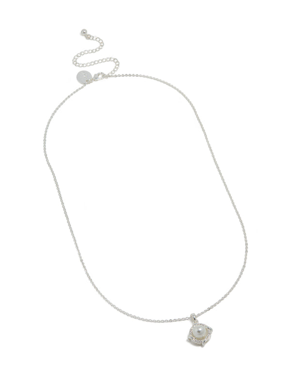 Crafted with silver plated cubic zirconia pearl centre pendant necklace front view