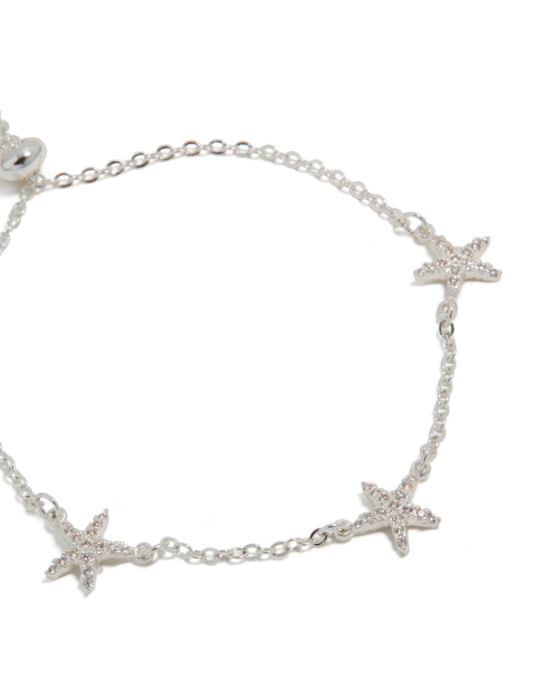 Silver Plated Cubic Zirconia Pave Starfish Charm Toggle  Bracelet
