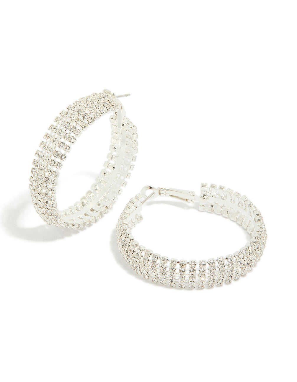 Showcasing silver diamante hoop earrings in a front view
