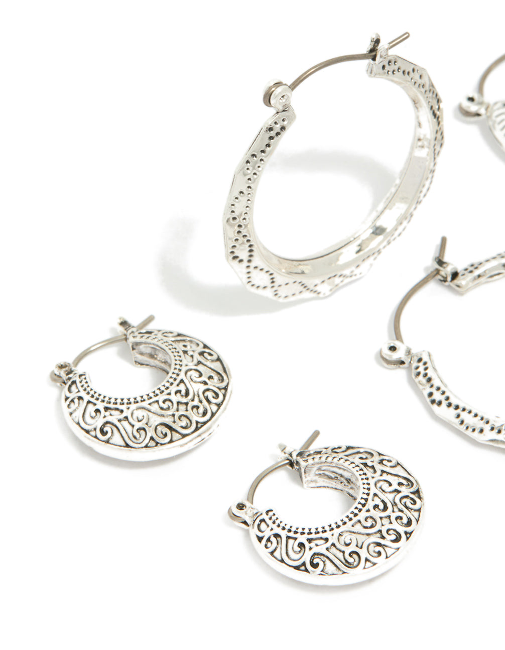 Antique Silver Textured Edged Hoop Earrings 3-Pack