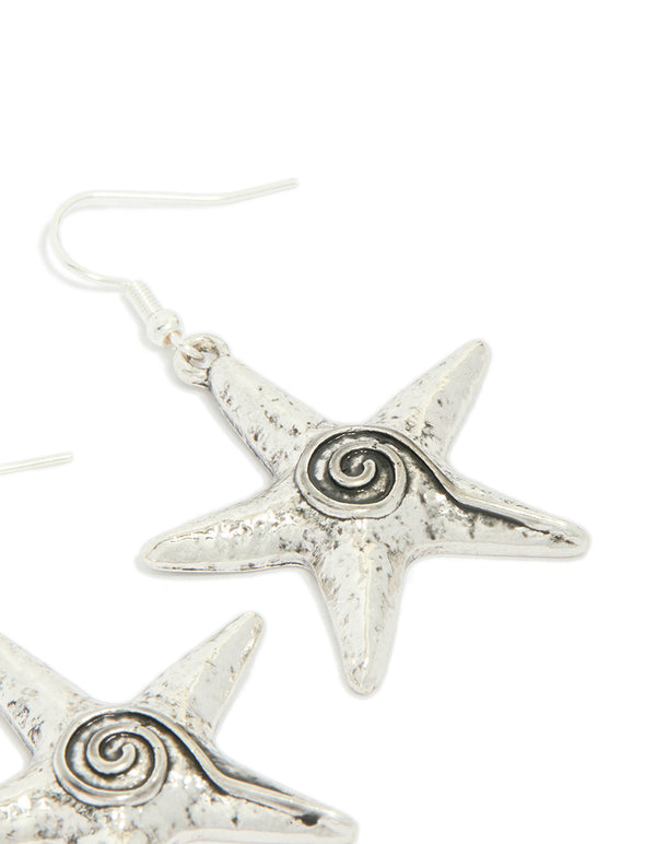 Antique Silver Swirl Starfish Hook Earrings