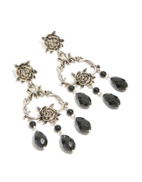 Silver Rose & Black Stones Drop Earrings - link has visual effect only
