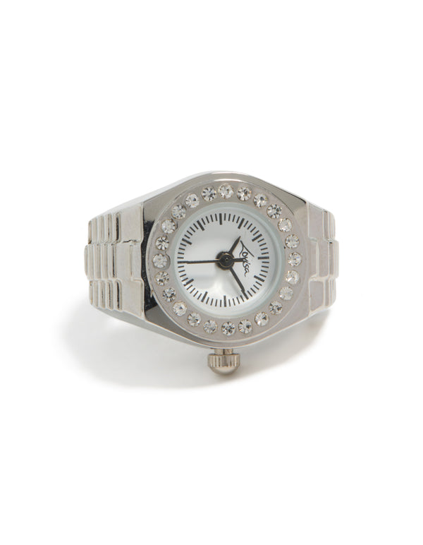 Silver Diamante Face Watch Ring
