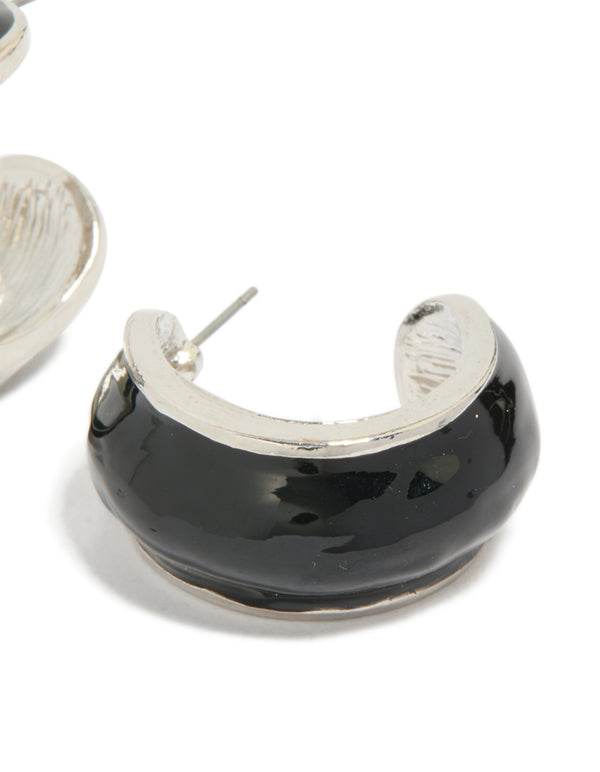Silver Black Outer Wide Hoop Earrings