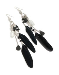 Antique Silver Black Feather &  Chain Drop Earrings - link has visual effect only