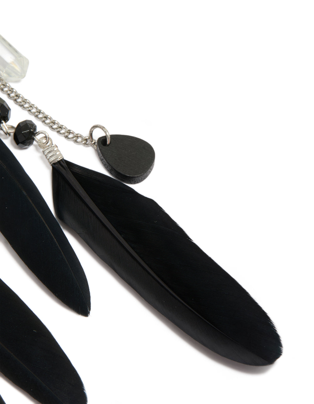 Detailed view of antique silver black feather and chain drop earrings with beads, charms accents close up view