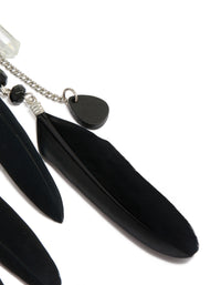 Antique Silver Black Feather &  Chain Drop Earrings - link has visual effect only