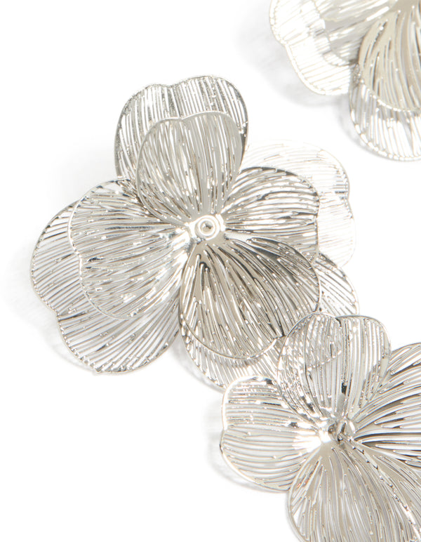 Silver Long Floral Drop Earrings
