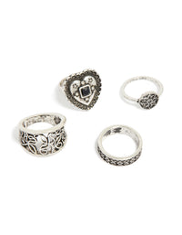 Antique Silver  Heart & Textured Rings 4-Pack - link has visual effect only
