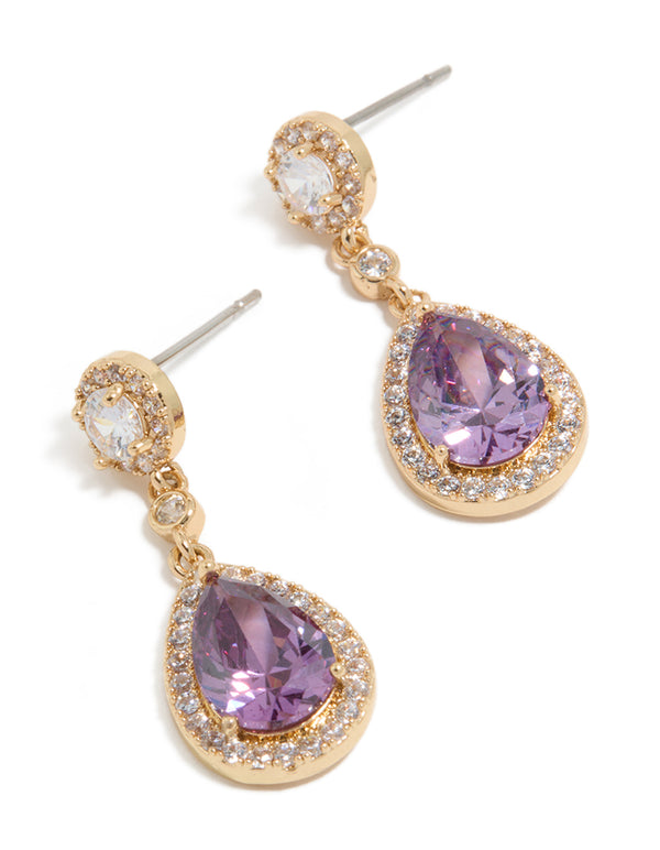 Featuring gold purple cubic zirconia double drop earrings front view