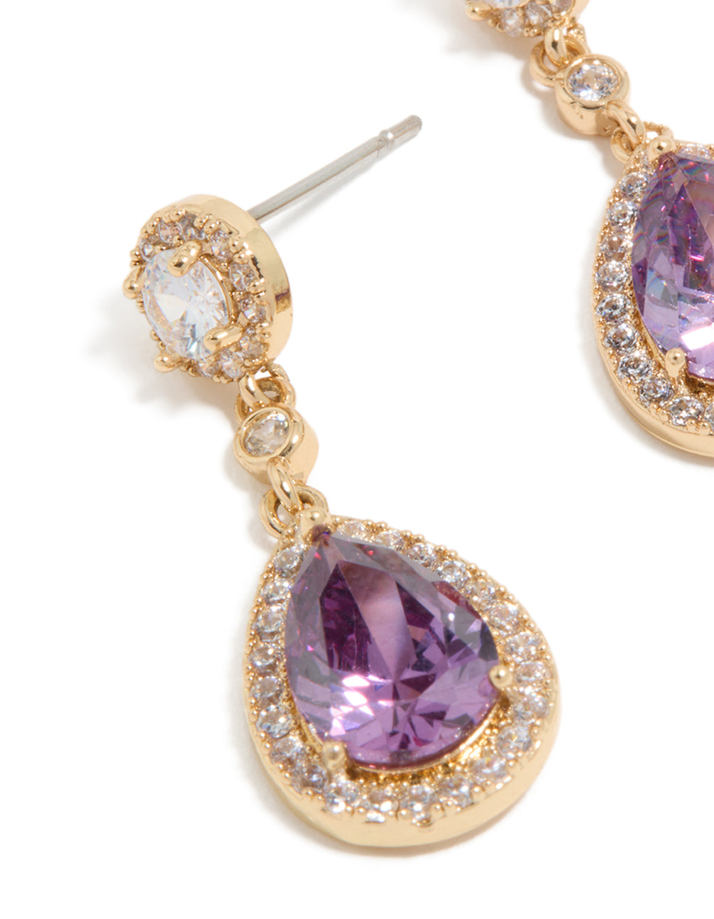 Highlighting gold purple cubic zirconia double drop earrings with teardrop setting close up view