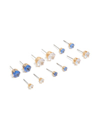 Presenting classic blue and clear cubic zirconia stud earrings in a statement gold 6-pack with round stone cut and stud closure front view - link has visual effect only
