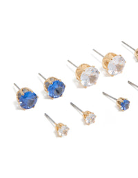 Showcasing classic blue and clear cubic zirconia stud earrings in a statement gold 6-pack with round stone cut and stud closure close up view - link has visual effect only