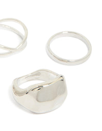 Detailed silver clean and molten rings 4-pack in chunky style side detail view - link has visual effect only