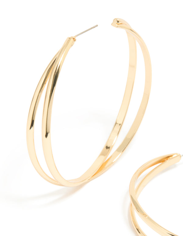 Gold Large Cross Over  Hoop Earrings