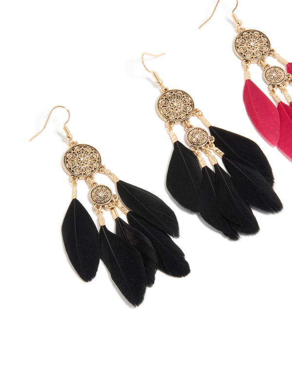 Antique Gold Black & Pink Boho Feather Drop Earrings Pack