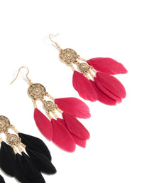 Antique Gold Black & Pink Boho Feather Drop Earrings Pack - link has visual effect only