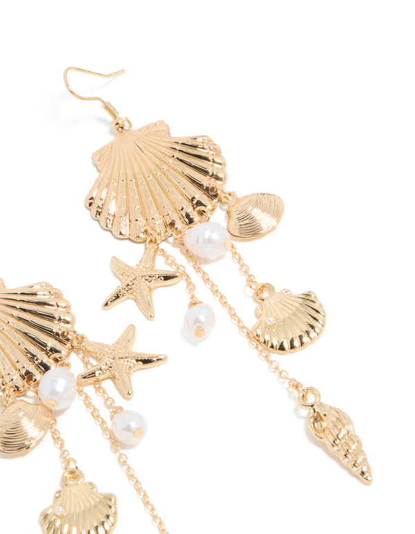 Gold Pearl & Multi Shell Drop Earrings