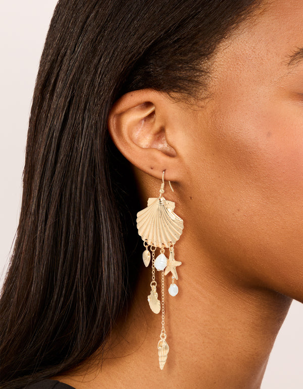 Gold Pearl & Multi Shell Drop Earrings