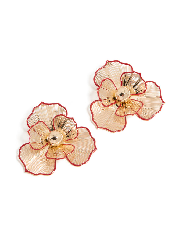 Gold Statement Red Outline  Flower Stud Earrings