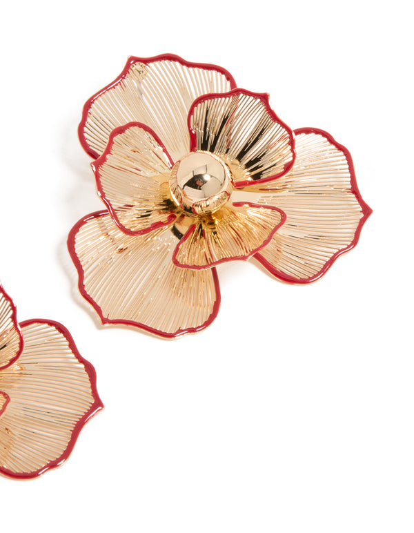 Gold Statement Red Outline  Flower Stud Earrings