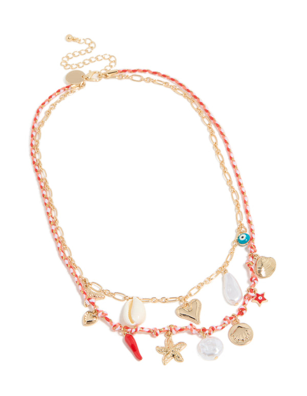 Gold Shell & Evil Eye  Charm Layered Necklace