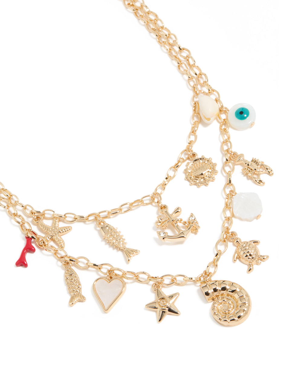 Showcasing a gold layered necklace charms, evil-eye, heart, ocean-themed shell details, close up view