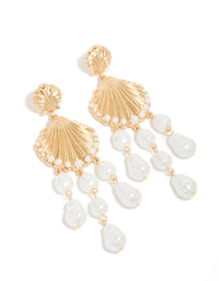 Gold Ribbed Shell & Pearls Drop Earrings - link has visual effect only