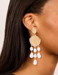Gold Ribbed Shell & Pearls Drop Earrings - link has visual effect only