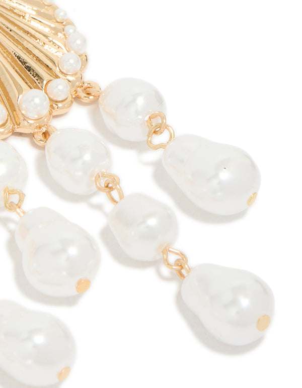 Gold Ribbed Shell & Pearls Drop Earrings