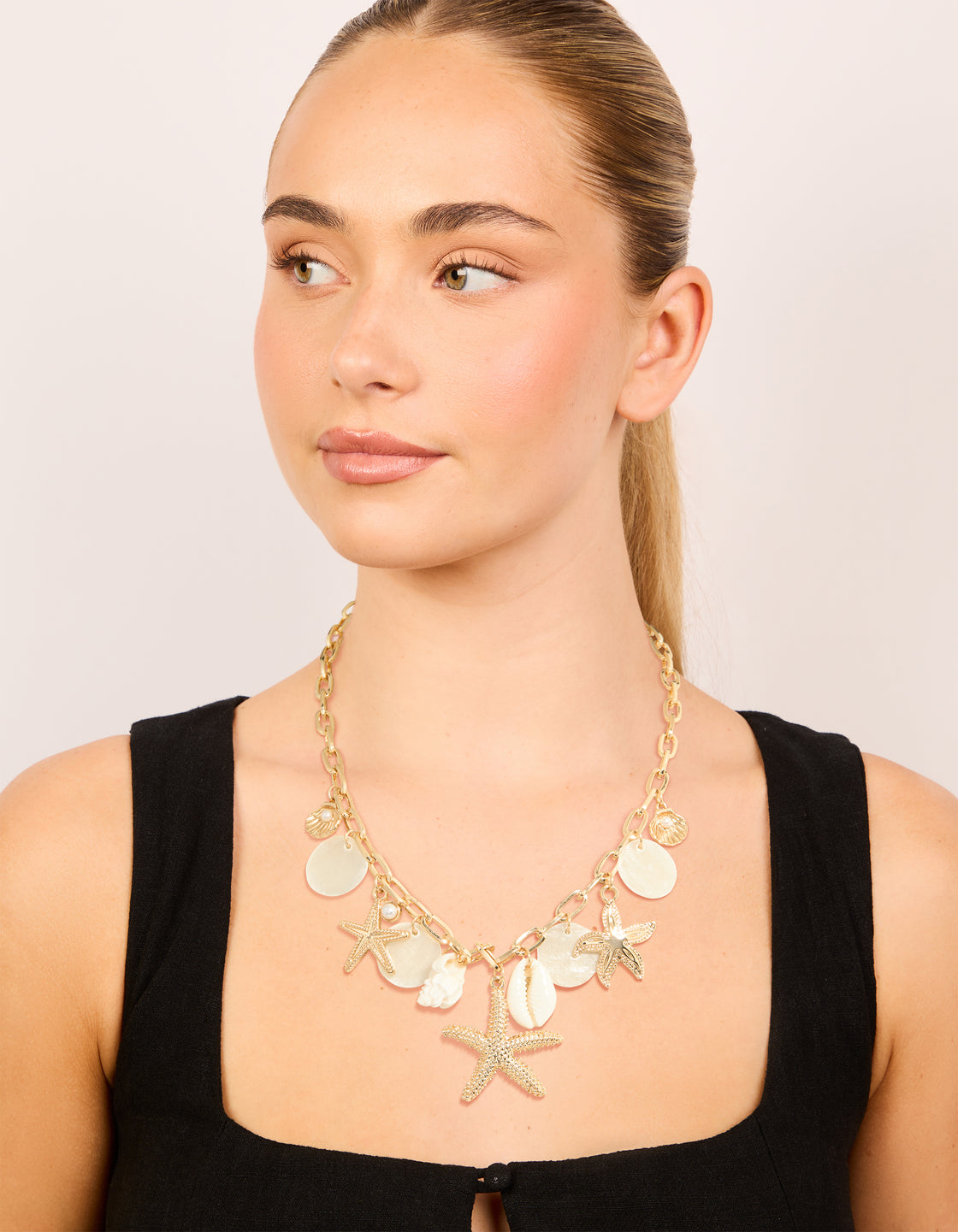 Gold Genuine Shell Disc & Beach Charm Necklace