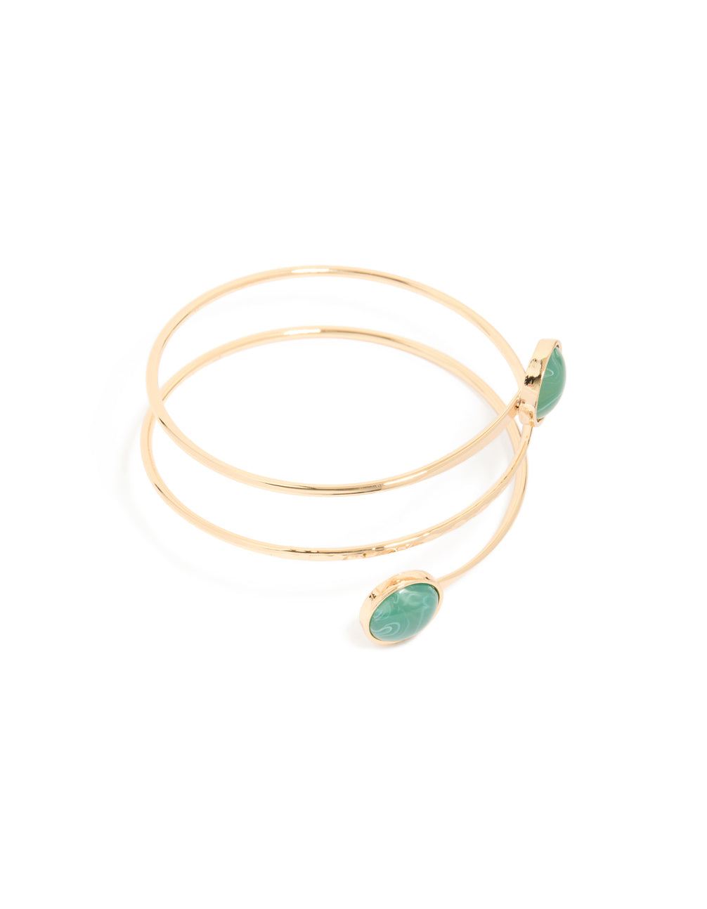 Showcasing a gold statement arm cuff with teal stones front view