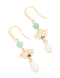 Gold Plated Cubic Zirconia Evil Eye Freshwater Pearl Drop Earrings - link has visual effect only
