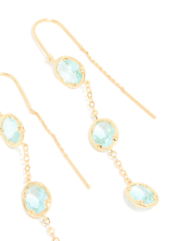 Gold Plated Aqua Cubic Zirconia Thread Through Earrings