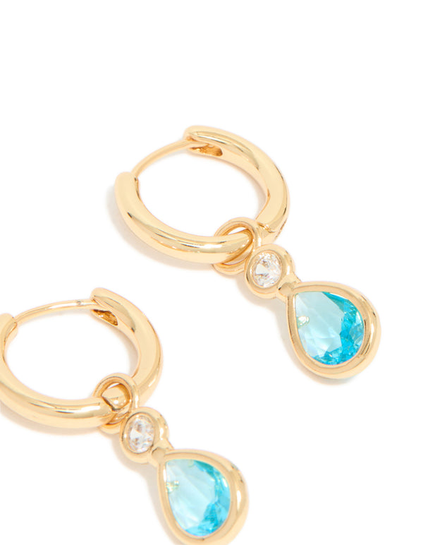 Gold Plated Blue Cubic Zirconia Teardrop Huggie  Earrings